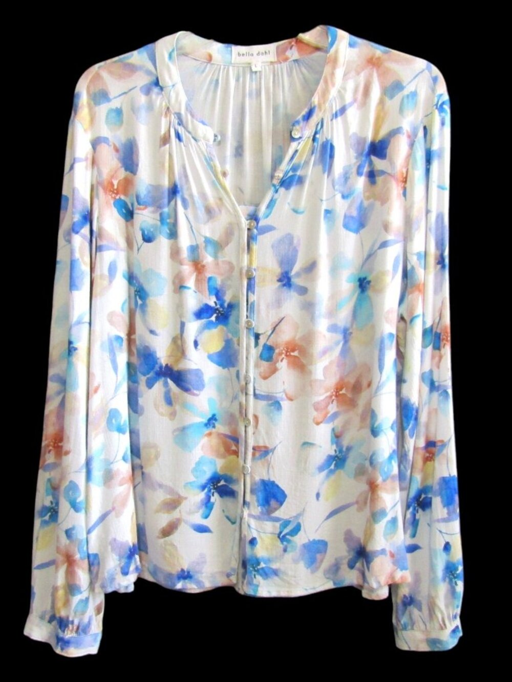 Bella Dahl White Blue Floral Button Loop Front Top Womens Size L Long Sleeve